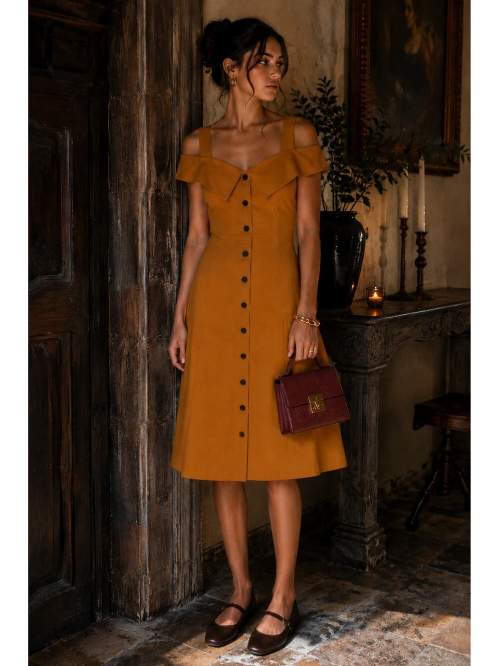 A.L.C. | Hudson Ochre Gold Linen Blend Off Shoulder Button Midi Dress 8
